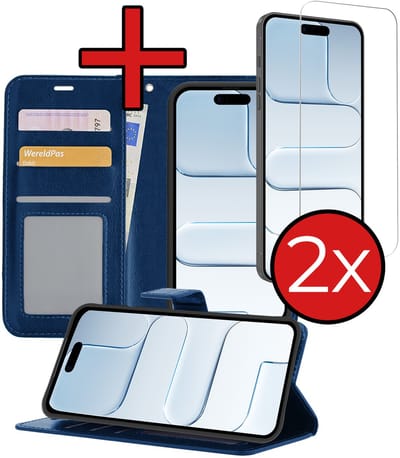 Hoesje - Met 2x Screenprotector - Geschikt voor Apple iPhone Air - Luxe Pasjeshouder - Flip Case - Bookcase Portemonee - Kunstleer Book Case - Flipcase Hoes - Book Cover - Walletcase - Portemonneehoes - Telefoonhoes - Donkerblauw