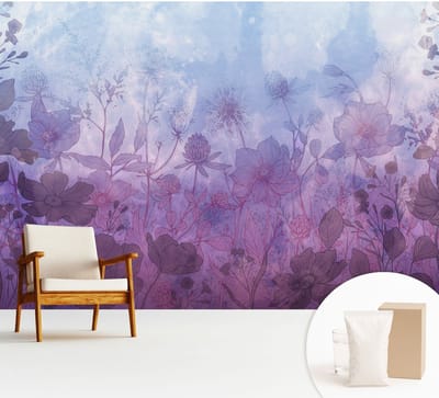 Wallfluent Behang - Pastelkleurige bloemen Vliesbehang - 312x219 cm - Blauw Behang - Voor liefhebbers van kunst en natuur - Behang Voor de woonkamer, slaapkamer en kantoor - Wanddecoratie Bloemen en planten