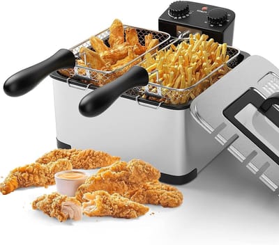 Diepe friteuse - Elektrische frituurpan - Lekkere snacks maken - 3 manden instelbaar - 5.3 liter capaciteit - Koffie goud