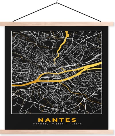 Posterhanger incl. Poster 40x40 cm - Schoolplaat - Stadskaart – Nantes - Plattegrond – Kaart – Frankrijk - Textielposter - Blanke latten - Stadskaart