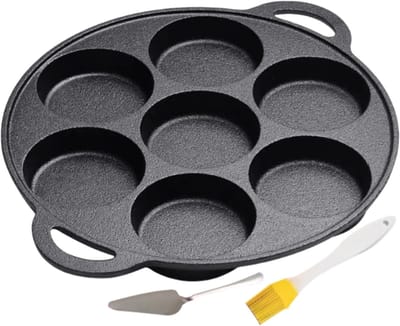 Pannenkoekenpan Gietijzer - Ontbijtpan Koekenpan - Perfecte Pannenkoeken Bakken - Antiaanbaklaag 7 Gaten - 30.5 cm Diameter - Zwart