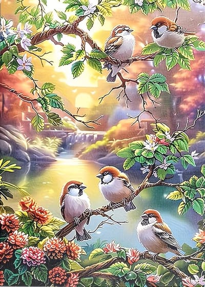 50x40cm Diamond Painting vogels bloesem boom (rond) nr 119