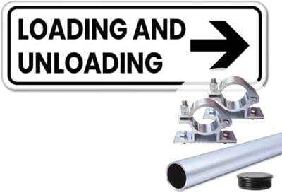 Bord Loading and Unloading pijl rechts - Weerbestendig Aluminium - 40x15 cm - Bevestiging: Met paal 120 cm + paalbeugels + paaldop