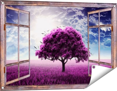 Gards Tuinposter Doorkijk Paarse Boom in het Paars Veld met Vogels - 90x60 cm - Tuindoek - Tuindecoratie - Wanddecoratie buiten - Tuinschilderij