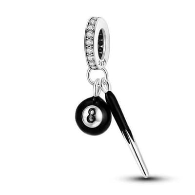 Fler® | Bedel | Past op populaire bedelarmbanden (standaard - 3mm) | Biljart Keu en 8-Bal | Hangbedel Charm | 925 sterling zilver | Transparante zirkonia | Zwarte emaille | Valentijnsdag Cadeau | Sinterklaas kado | Kerstcadeau | Verjaardagsgeschenk