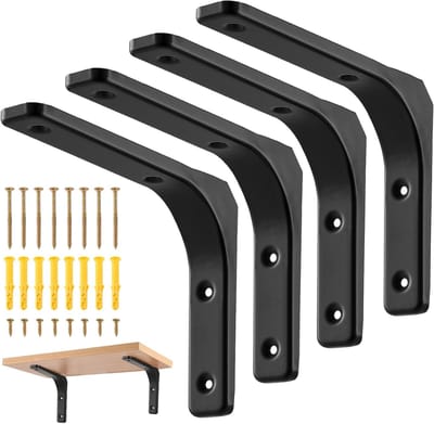 Famanu – Set van 4 zware metalen hoekplankdragers, 90 graden, zwart, 200 x 150 mm, tot 50 kg draagvermogen per paar