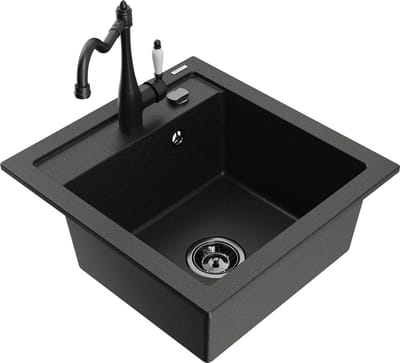 Mexen Vito granieten gootsteen 1-kompartiment met keukenmengkraan Carla, zwart/goud metallic - 6503-75-670700-70-B