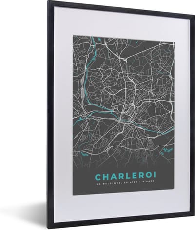 Fotolijst incl. Poster - Stadskaart – Grijs - Kaart – Charleroi – België – Plattegrond - 30x40 cm - Posterlijst