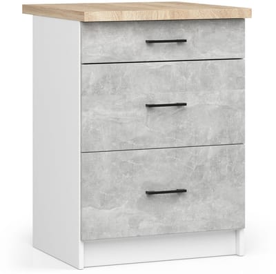 Keukenkast modulaire OLIWIA S60 met Verkblad / Onderkast met 3 Lades / AKORD Furniture Factory / Wit – Beton Grijs / 60 x 85 x 46 cm