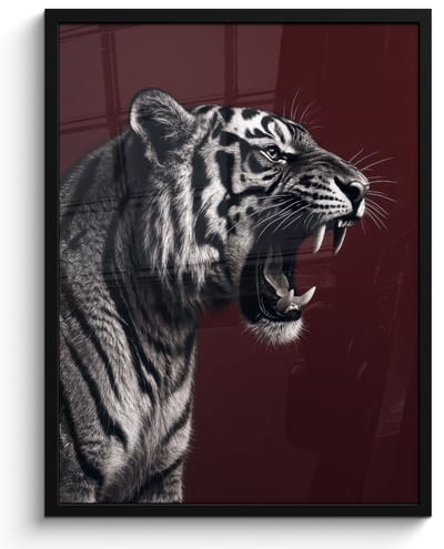 Poster in lijst - Fotolijst 60x80 cm - Posters - Tijger - Brult - Bordeaux - Posterlijst zwart - Decoratie - Wanddecoratie woonkamer - Muurdecoratie slaapkamer