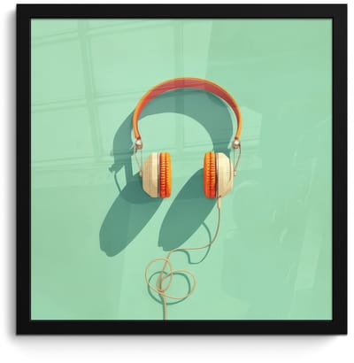 Poster in lijst - Fotolijst 40x40 cm - Posters - Koptelefoon - Oranje - Snoer - Minimalistisch - Posterlijst zwart - Decoratie - Wanddecoratie woonkamer - Muurdecoratie slaapkamer - Kerstversiering - Kerstdecoratie voor binnen - Kerstmis