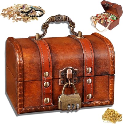 Retro Houten Schatkist met Combinatieslot, Mini Opbergdoos voor Sieraden en Decoratie, Bruin en Compact