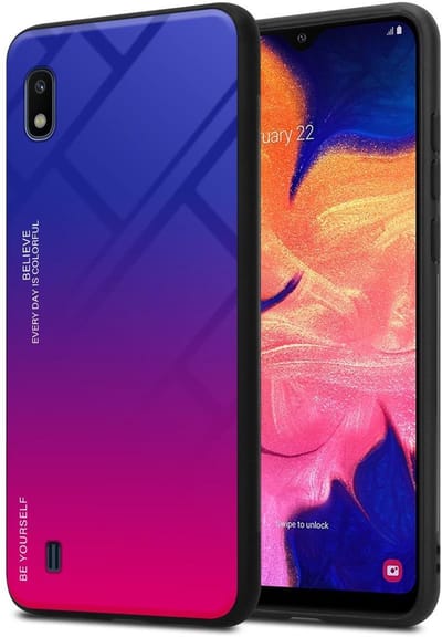 Cadorabo Hoesje geschikt voor Samsung Galaxy A10 / M10 in PAARS - ROOD - Tweekleurige beschermhoes van TPU-silicone Case Cover en achterzijde van gehard glas