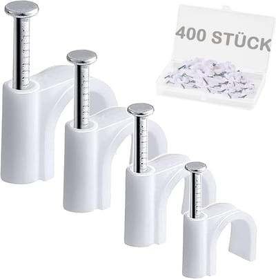 Verpakking van 400 witte draadnagelklemmen - 4 maten - R-type draadclipbevestigingen (4 mm, 6 mm, 8 mm, 10 mm) Duurzame ronde draadnagelklemmen - Draadnagel - Draadclip - Draadnagel - Geschikt voor Ethernet - Draad - Socket Board Wall Mounting en mee