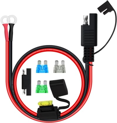 Kabel voor batterijverbinding met oog en zekering 10AWG, 12V/24V, geschikt voor motor en auto, 1m lang met 15A/20A/25A/30A zekering