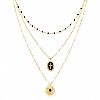 Engravia by Derya – Gelaagde Damesketting 3-Laags – Goudkleurige Ketting met Zwarte Details – Verstelbaar – Elegant Cadeau voor Vrouwen
