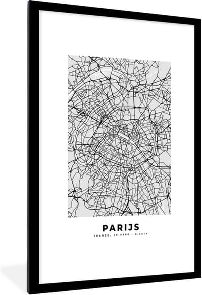 Fotolijst incl. Poster Zwart Wit- Parijs - Stadskaart - Zwart Wit - Plattegrond - Kaart - 80x120 cm - Posterlijst