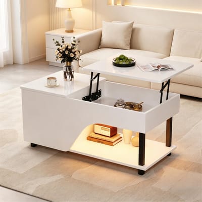 MODENUIT Salontafel - Hoogteverstelbaar Met Opbergruimte En LED - Voor Woonkamer - Spaanplaat Wit - 100x50x46 Cm
