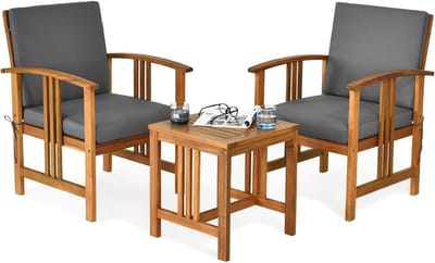 KOMFOTTEU 3-delige tuinmeubelset voor 2 personen, balkonset van acaciahout, tuinmeubels met kussens, 1 tafel & 2 fauteuils, zitgroep voor tuin, terras, woonkamer