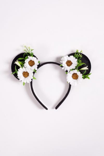 KIMU® Haarband Mouse Oortjes Bloemetjes Witte Madeliefjes Minnie - Madelief Bloemen Bloemenkrans Oren Bruidsmeisje - Diadeem Muis Zwarte Oortjes Festival
