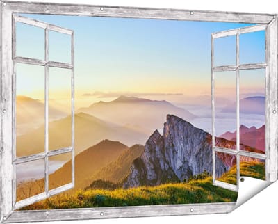 Gards Tuinposter Doorkijk Zonsopkomst in de Bergen in de Alpen - 150x100 cm - Tuindoek - Tuindecoratie - Wanddecoratie buiten - Tuinschilderij