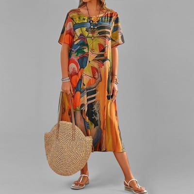 Lente nieuwe dameskleding retro print mode casual ronde hals lange jurk 3XL