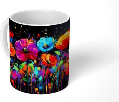 Mok - Koffiemok - Bloemen - Kleurrijk - Spetters - Mokken - 350 ML - Beker - Koffiemokken - Theemok