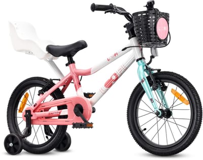 Sun Baby Kinderfiets 16 Inch LOOFI, Fiets voor Meisje 4-6 Jaar, lichtgewicht 6.9 kg aluminium frame, met poppenzitje, zijwieltjes, mandje, bel, stickers - Wit-Roze-Mint