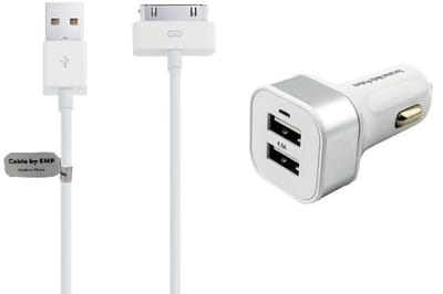OneOne auto oplader met 2 poorten + 1,0m USB kabel. Krachtige universele 24 Watt autolader past op Apple iPhone 3G, 3Gs, iPhone 4, 4s, iPad 1, iPad 2, iPad 3, iPod Classic, iPod Mini, iPod Nano 1, 2, 3, 4, 5, 6, iPod Touch 1, 2, 3, 4