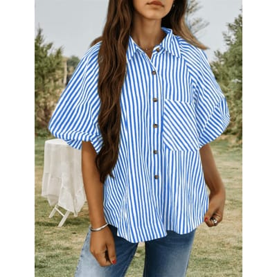 Dames gestreepte pofmouw blouse V-hals met kraag knoopsluiting losse top M
