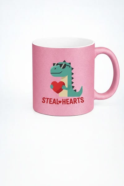 Roze Glitter Mok met Coole Dino & 'Steal Hearts' Design - Valentijn Cadeau