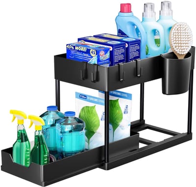 2-Laags Opbergrek voor Onder de Gootsteen – Keuken Organizer met Uitschuiflade – Multifunctioneel Opbergrek voor Badkamer, Aanrecht en Wasruimte – Zwart