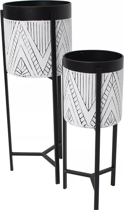 Vente-unique Set van 2 bloembakken op poot van metaal - D20 x H53 cm en D25 x H69 cm - Zwart en wit - CAPOLI L 25 cm x H 69 cm x D 25 cm