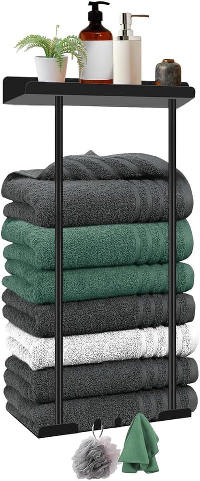 Uittrekbaar Handdoekrek Zonder Boren - Verstelbare Handdoekhouder 38-75 cm - Met Opbergplank en 3 Haken - Zelfklevende Wandmontage voor Badkamer en Keuken - Zwart