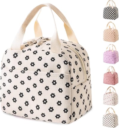 Leuke lunchtas - Unisex - Corduroy - Herbruikbaar - Lunchtas - Geïsoleerde lunchtas met grote capaciteit - Koelbox - Geschikt voor werk, reizen, picknicks en buitenactiviteiten - Off-white met bloemenpatroon