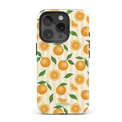 VivaLora Tough Telefoonhoesje iPhone 15 Pro met MagSafe - Orange Breeze Print - 2-in-1 Phone Case - Hard Case & Siliconen Back - Sinaasappels Dessin - Extra Bescherming - Shockproof - Oranje