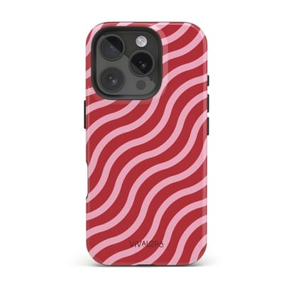 VivaLora Tough Telefoonhoesje iPhone 16 Pro met MagSafe - Wine Flow Print - 2-in-1 Phone Case - Hard Case & Siliconen Back - Extra Bescherming - Shockproof - Golvende strepen - Bordeaux/Roze