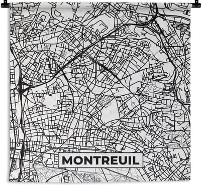 Wandkleed - Wanddoek - Stadskaart - Plattegrond - Montreuil - Kaart - Frankrijk - Zwart wit - 180x180 cm - Wandtapijt