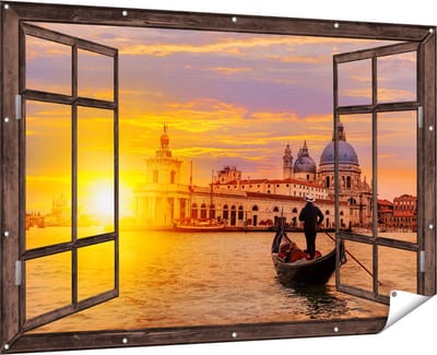 Gards Tuinposter Doorkijk Gondel in Venetië voor het Basiliek - 180x120 cm - Tuindoek - Tuindecoratie - Wanddecoratie buiten - Tuinschilderij