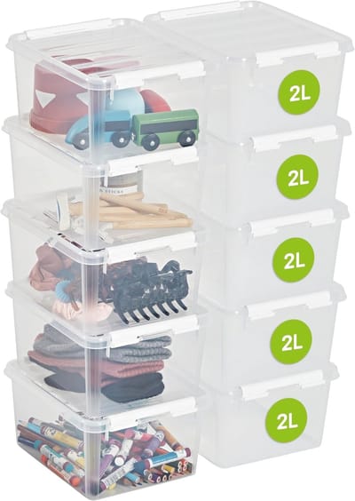 Famanu 2L Kleine Plastic Opbergdozen met Deksel - Set van 10 - Transparant - Stapelbaar en Nestbaar - 10 Jaar Garantie - Voedselveilig en BPA Vrij - Sluitclips - L21 x B17 x H11 cm
