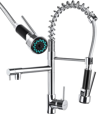 tectake® Keukenkraan - Flexibele Sproeikop - Zelfontkalkend - Dubbele Kraan - Uittrekbare Uitloop - Spoelkeukenkraan - 2 Mengkranen - 3/8" Aansluiting - Hogedruk (3-10 bar) - Hoogte 52cm - Waterkraan met Aansluitslangen