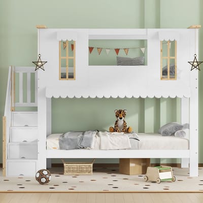 MODFU – Stapelbed met Opbergtrap & Raamdetails – 90x200 cm – Huisvormig – Voor Kinderkamer – Grenenhout en MDF – Wit & Naturel
