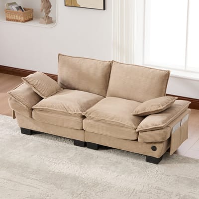 Modulaire corduroy bank voor twee personen met een brede zitting, ergonomisch ontwerp, vulling van schuim met hoge dichtheid, USB-C-poort en zijvakken. Ideaal voor woonkamers, kantoren of lounges. Khaki