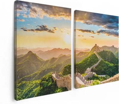 Artaza Canvas Schilderij Tweeluik De Chinese Muur door de Bergen met Zon - 120x80 - Foto Op Canvas - Canvas Print