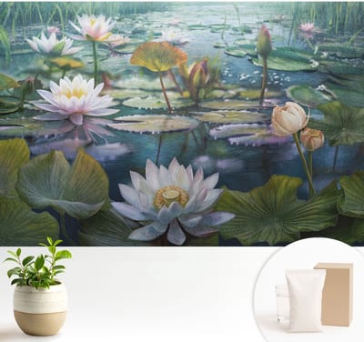 Wallfluent Behang - Vijverbloemen Muurbehang - 104x70 cm - Groente Behang - Voor natuur- en kunstliefhebbers - Behang Voor de slaapkamer, woonkamer en kantoor - Wanddecoratie Bloemen en planten