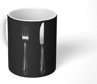 Mok - Koffiemok - Vork - Mes - Zilver - Mokken - 350 ML - Beker - Koffiemokken - Theemok