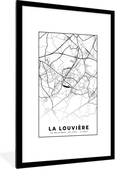 Fotolijst incl. Poster Zwart Wit- België – La Louvière – Stadskaart – Kaart – Zwart Wit – Plattegrond - 80x120 cm - Posterlijst