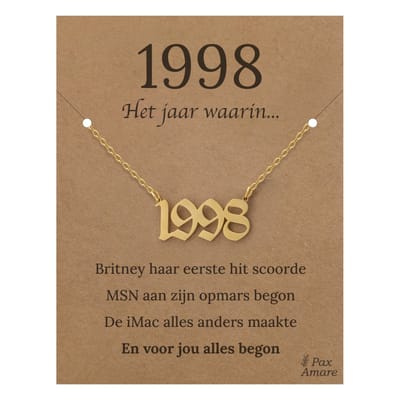 Jaartal 1998 Ketting op Cadeau Kaartje - Goudkleurig Stainless Steel - 45cm - Met informatie over geboortejaar - Pax Amare