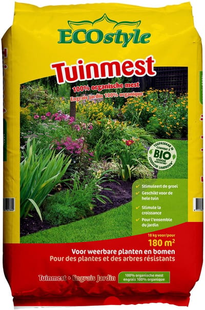 ECOstyle Tuinmest Organische Meststof - Border & Siertuin - Natuurlijke Meststof Gazon - 120 Dagen Voeding- 180 M² - 18 KG