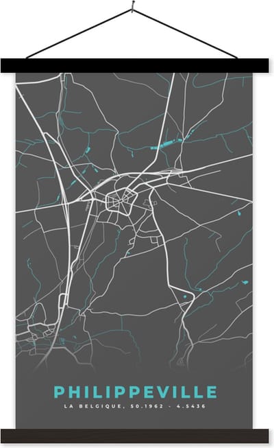 Posterhanger incl. Poster 40x60 cm - Schoolplaat - België – Philippeville – Stadskaart – Kaart – Blauw – Plattegrond - Textielposter - Zwarte latten - Stadskaart